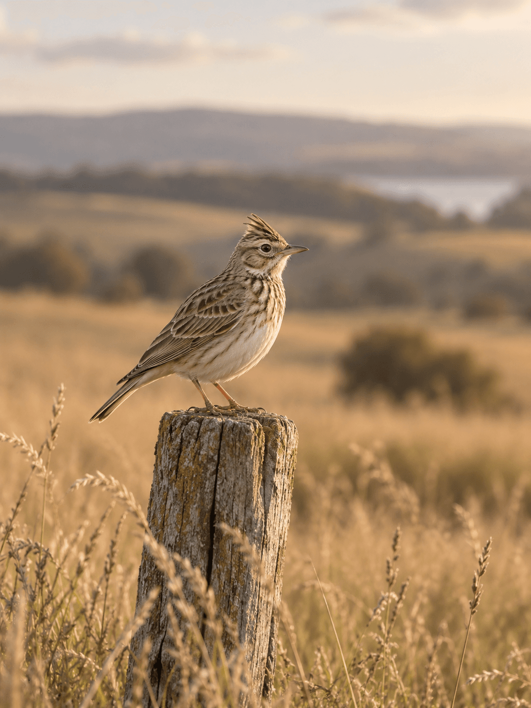 A brown lark perched on a wooden post in a sunlit meadow